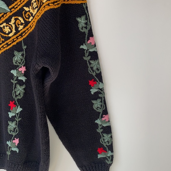 VTG Knitting Needles Hand-Knit /Embroidered Ramie Cotton Black Floral Sweater - Picture 3 of 11
